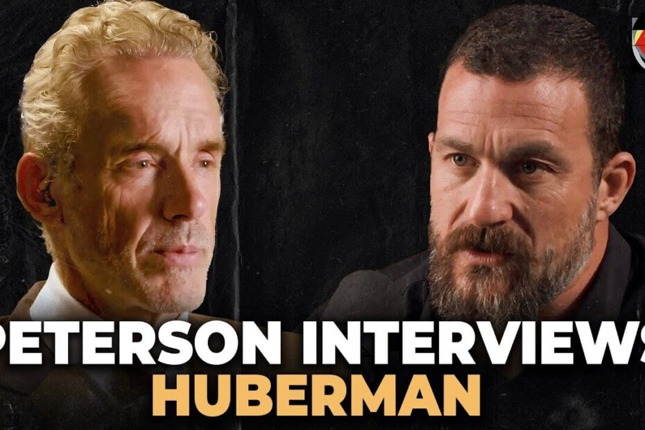 Andrew Huberman and Jordan Peterson discussing neuroscience and psychology on a podcast.