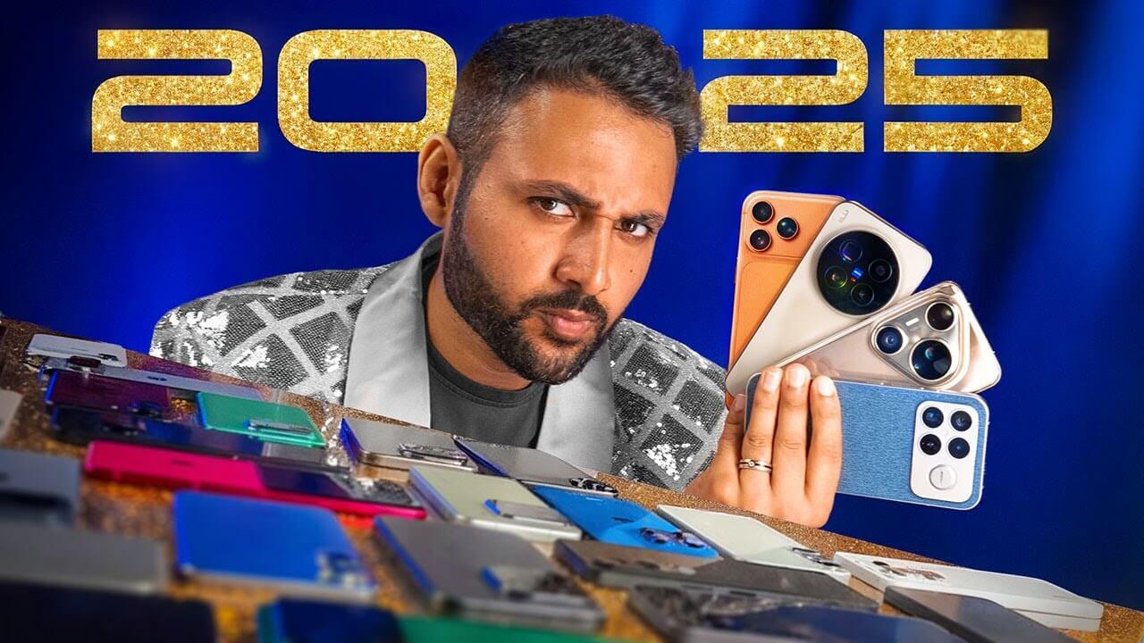 Mrwhosetheboss presenting his 2025 smartphone awards including Base iPhone 17 glow up and Oppo Find X9 Pro battery winner