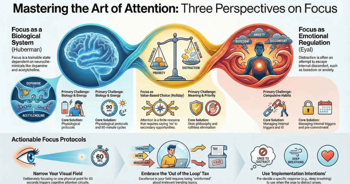 Infographic comparing three approaches to focus: Huberman's neuroscience-based biological system, Holiday's Stoic philosophy of value-based choice, and Eyal's emotional regulation framework for managing distraction